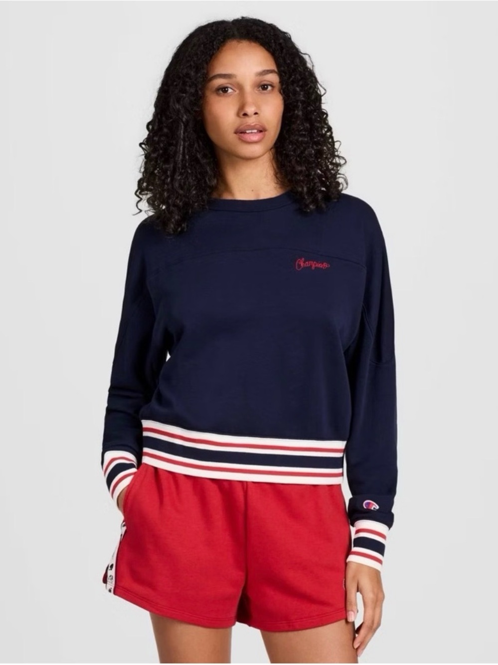 Champion Navy Pullover Sweatshirt with Red & White Stripe Trim